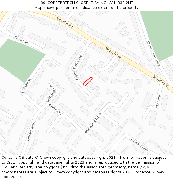 30, COPPERBEECH CLOSE, BIRMINGHAM, B32 2HT: Location map and indicative extent of plot