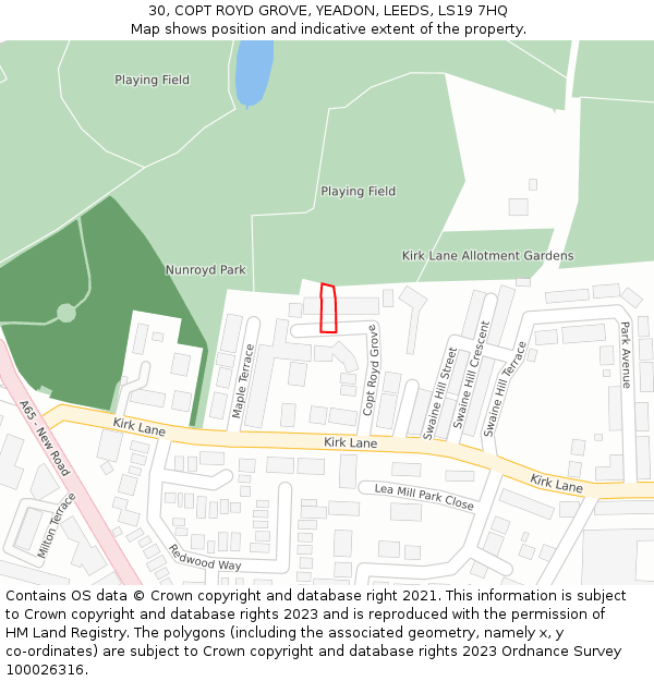 30, COPT ROYD GROVE, YEADON, LEEDS, LS19 7HQ: Location map and indicative extent of plot