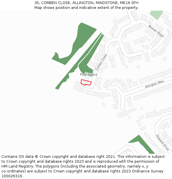 30, CORBEN CLOSE, ALLINGTON, MAIDSTONE, ME16 0FH: Location map and indicative extent of plot