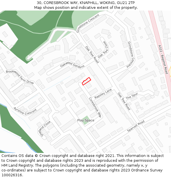 30, CORESBROOK WAY, KNAPHILL, WOKING, GU21 2TP: Location map and indicative extent of plot