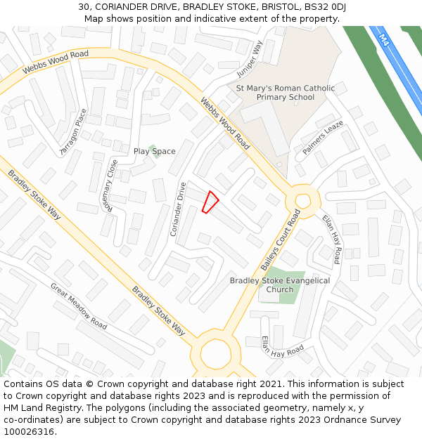 30, CORIANDER DRIVE, BRADLEY STOKE, BRISTOL, BS32 0DJ: Location map and indicative extent of plot