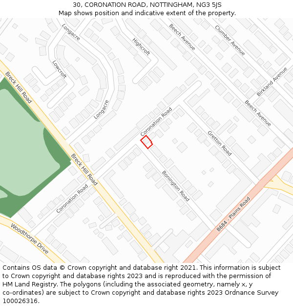 30, CORONATION ROAD, NOTTINGHAM, NG3 5JS: Location map and indicative extent of plot