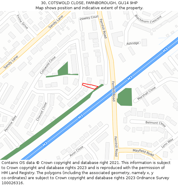 30, COTSWOLD CLOSE, FARNBOROUGH, GU14 9HP: Location map and indicative extent of plot