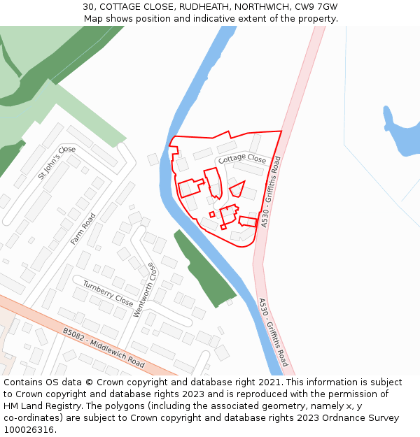 30, COTTAGE CLOSE, RUDHEATH, NORTHWICH, CW9 7GW: Location map and indicative extent of plot