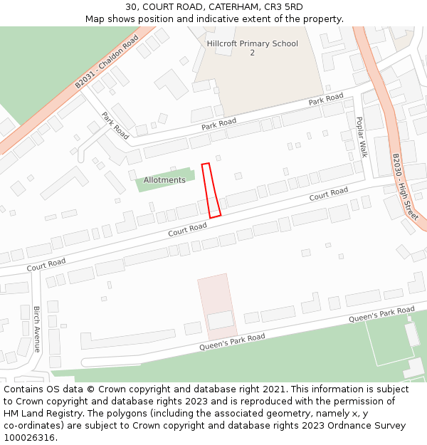 30, COURT ROAD, CATERHAM, CR3 5RD: Location map and indicative extent of plot