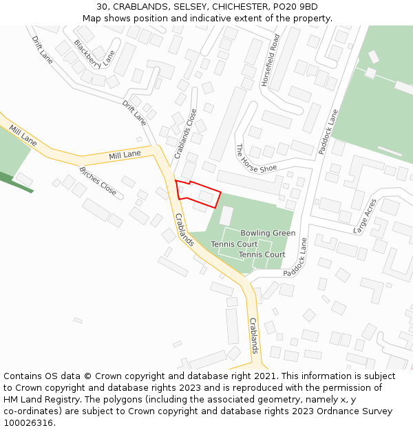 30, CRABLANDS, SELSEY, CHICHESTER, PO20 9BD: Location map and indicative extent of plot