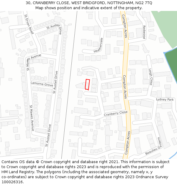 30, CRANBERRY CLOSE, WEST BRIDGFORD, NOTTINGHAM, NG2 7TQ: Location map and indicative extent of plot