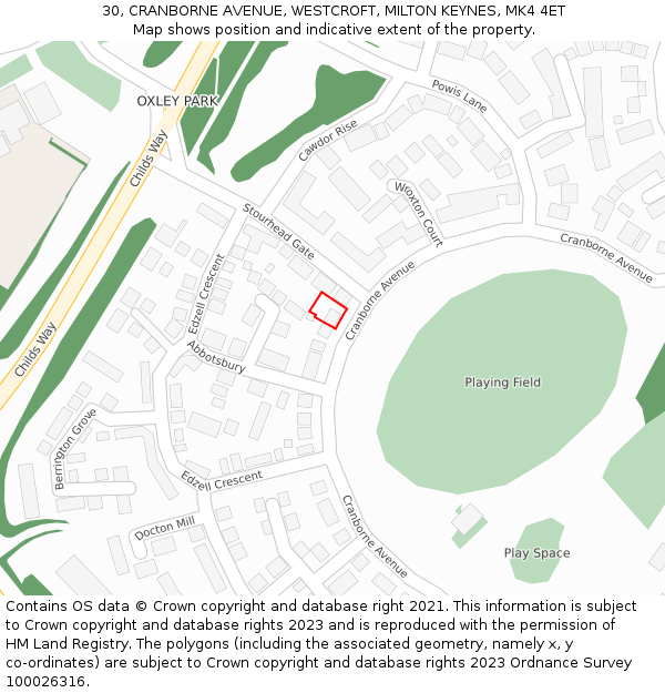 30, CRANBORNE AVENUE, WESTCROFT, MILTON KEYNES, MK4 4ET: Location map and indicative extent of plot