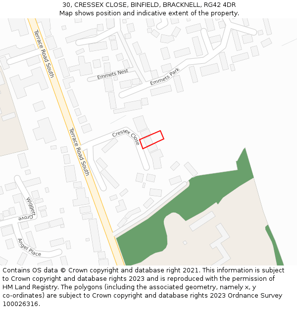 30, CRESSEX CLOSE, BINFIELD, BRACKNELL, RG42 4DR: Location map and indicative extent of plot