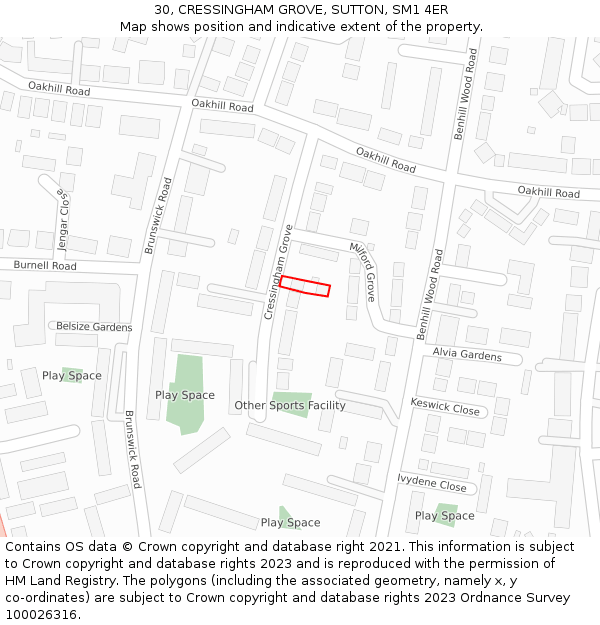 30, CRESSINGHAM GROVE, SUTTON, SM1 4ER: Location map and indicative extent of plot