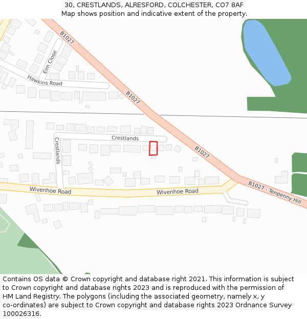 30, CRESTLANDS, ALRESFORD, COLCHESTER, CO7 8AF: Location map and indicative extent of plot