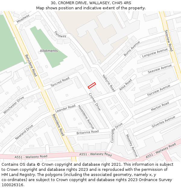30, CROMER DRIVE, WALLASEY, CH45 4RS: Location map and indicative extent of plot