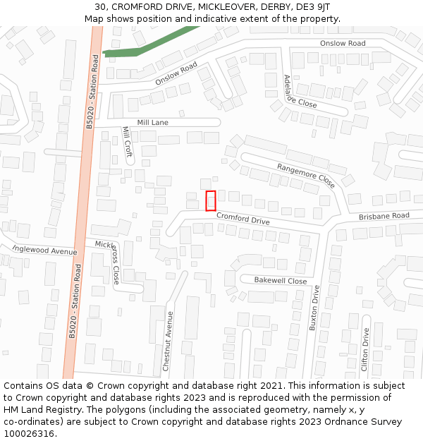 30, CROMFORD DRIVE, MICKLEOVER, DERBY, DE3 9JT: Location map and indicative extent of plot