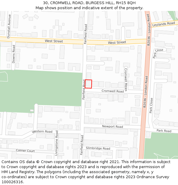 30, CROMWELL ROAD, BURGESS HILL, RH15 8QH: Location map and indicative extent of plot