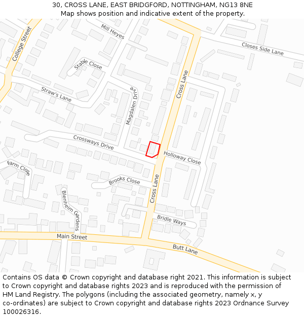 30, CROSS LANE, EAST BRIDGFORD, NOTTINGHAM, NG13 8NE: Location map and indicative extent of plot