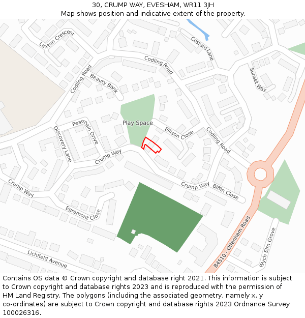 30, CRUMP WAY, EVESHAM, WR11 3JH: Location map and indicative extent of plot