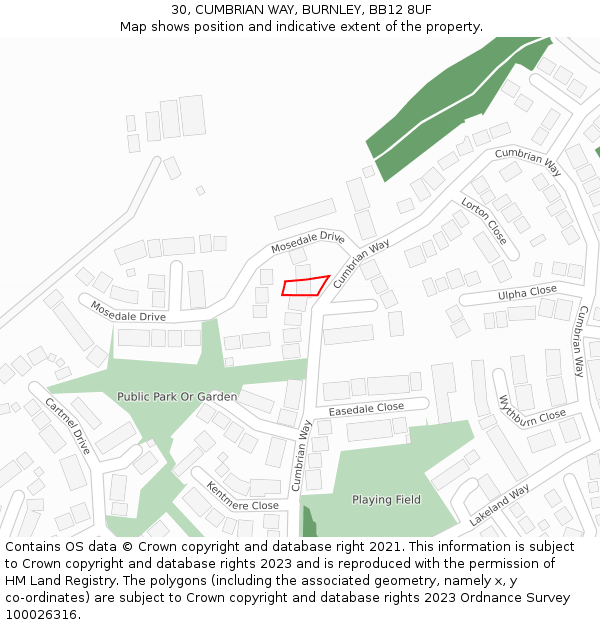 30, CUMBRIAN WAY, BURNLEY, BB12 8UF: Location map and indicative extent of plot