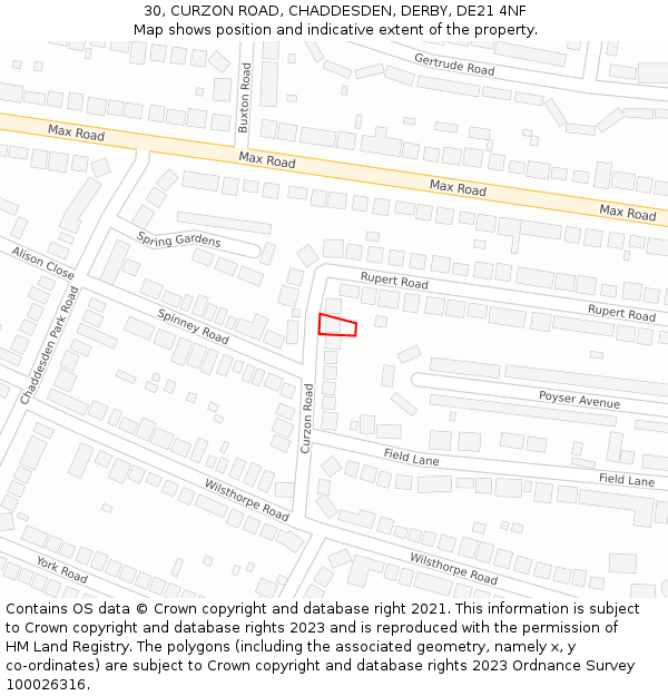 30, CURZON ROAD, CHADDESDEN, DERBY, DE21 4NF: Location map and indicative extent of plot