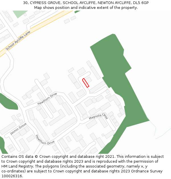 30, CYPRESS GROVE, SCHOOL AYCLIFFE, NEWTON AYCLIFFE, DL5 6GP: Location map and indicative extent of plot