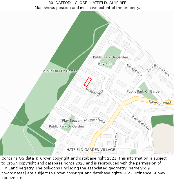 30, DAFFODIL CLOSE, HATFIELD, AL10 9FF: Location map and indicative extent of plot