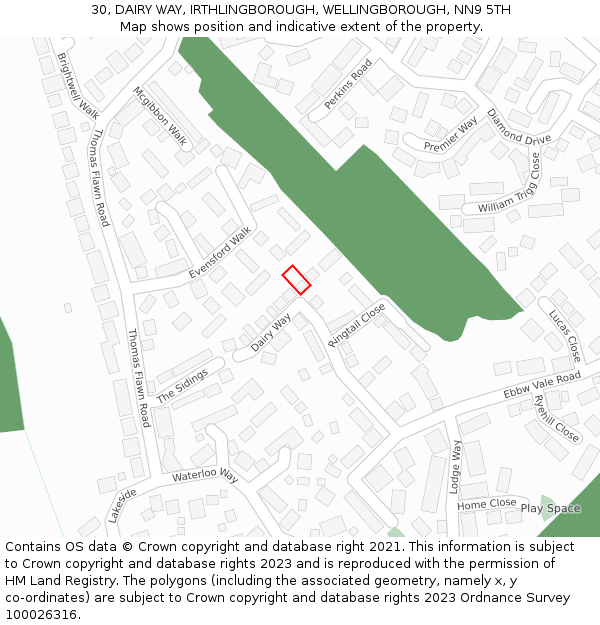 30, DAIRY WAY, IRTHLINGBOROUGH, WELLINGBOROUGH, NN9 5TH: Location map and indicative extent of plot