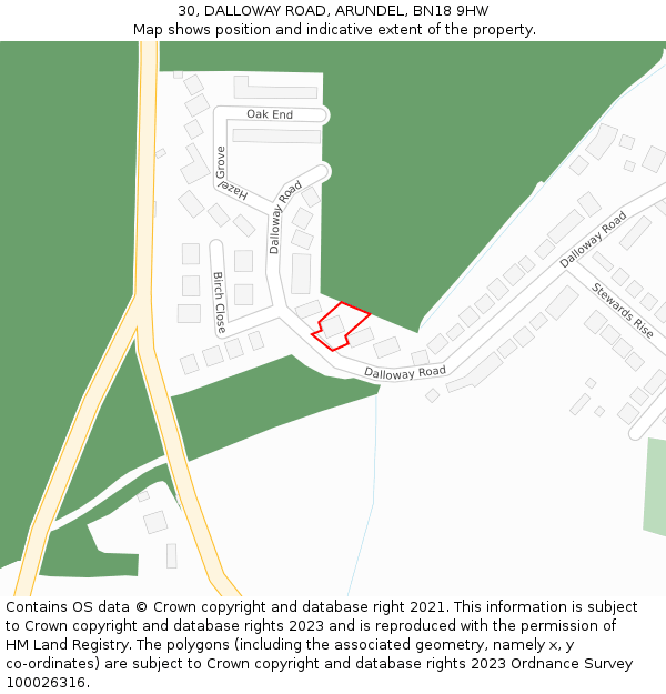 30, DALLOWAY ROAD, ARUNDEL, BN18 9HW: Location map and indicative extent of plot