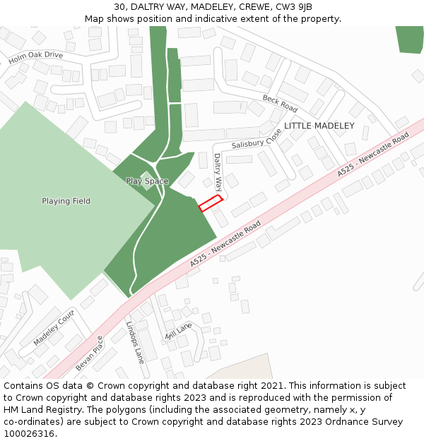 30, DALTRY WAY, MADELEY, CREWE, CW3 9JB: Location map and indicative extent of plot