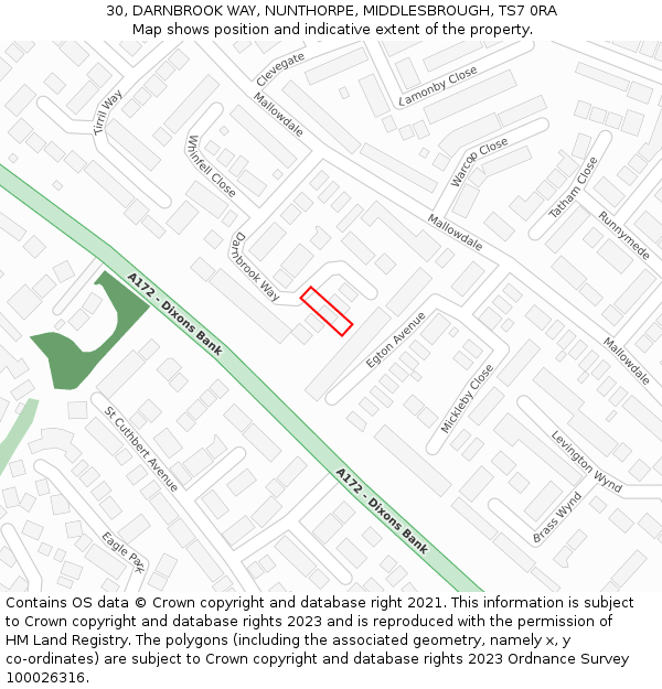 30, DARNBROOK WAY, NUNTHORPE, MIDDLESBROUGH, TS7 0RA: Location map and indicative extent of plot