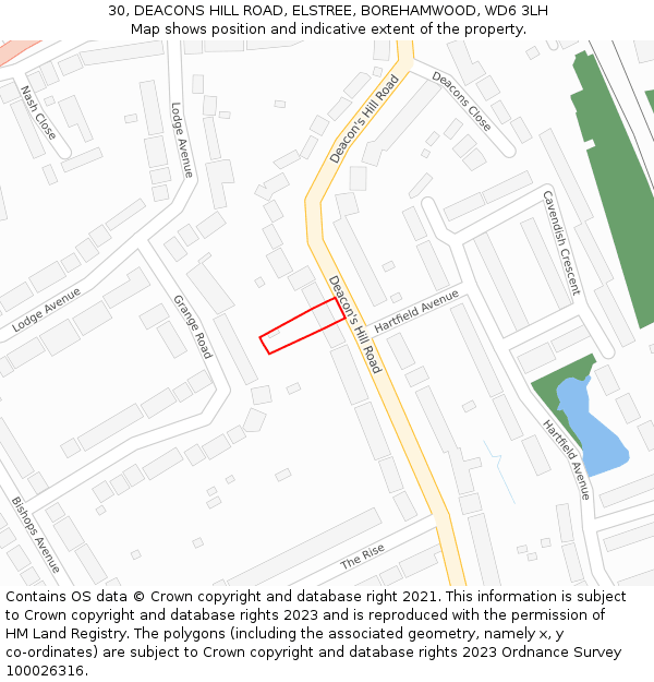 30, DEACONS HILL ROAD, ELSTREE, BOREHAMWOOD, WD6 3LH: Location map and indicative extent of plot