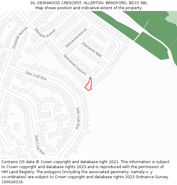 30, DEANWOOD CRESCENT, ALLERTON, BRADFORD, BD15 9BL: Location map and indicative extent of plot