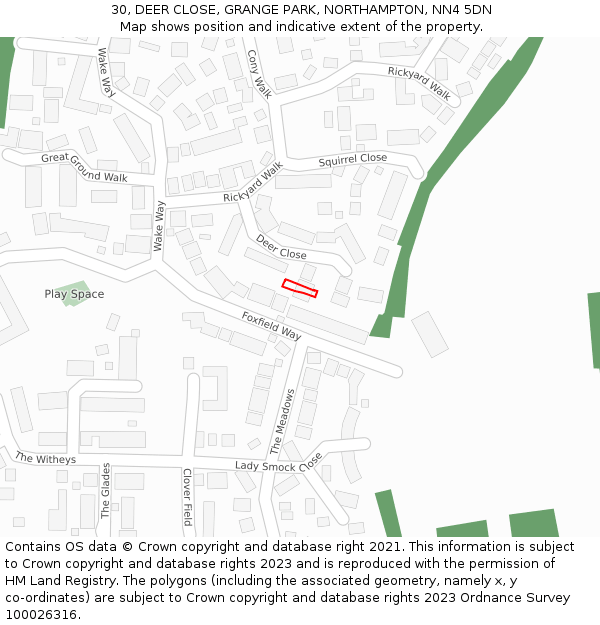 30, DEER CLOSE, GRANGE PARK, NORTHAMPTON, NN4 5DN: Location map and indicative extent of plot