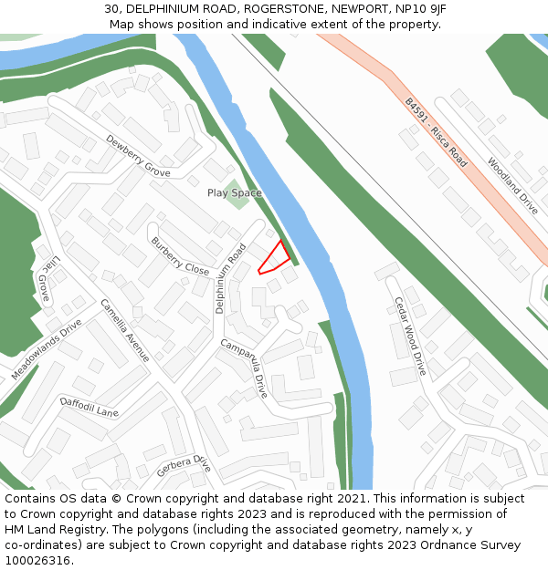 30, DELPHINIUM ROAD, ROGERSTONE, NEWPORT, NP10 9JF: Location map and indicative extent of plot