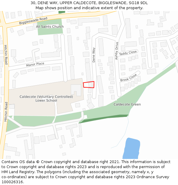 30, DENE WAY, UPPER CALDECOTE, BIGGLESWADE, SG18 9DL: Location map and indicative extent of plot