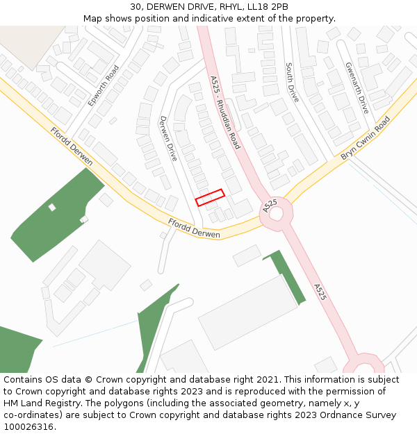 30, DERWEN DRIVE, RHYL, LL18 2PB: Location map and indicative extent of plot