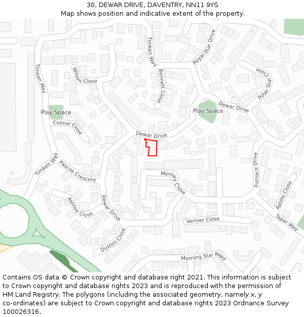 30, DEWAR DRIVE, DAVENTRY, NN11 9YS: Location map and indicative extent of plot