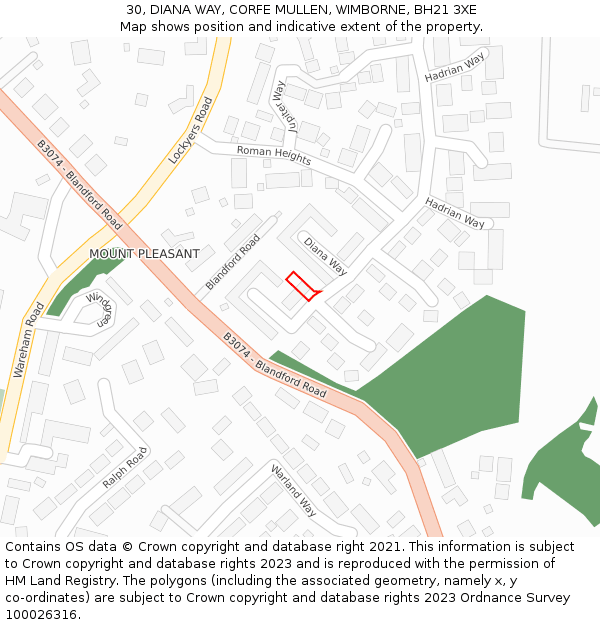 30, DIANA WAY, CORFE MULLEN, WIMBORNE, BH21 3XE: Location map and indicative extent of plot