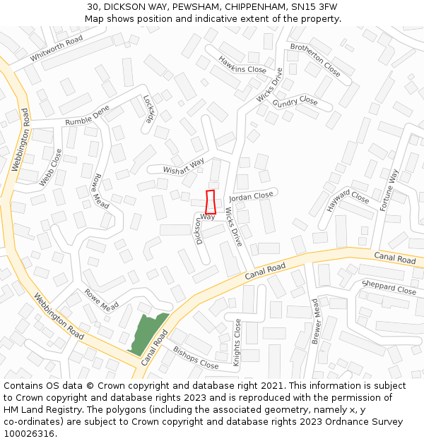 30, DICKSON WAY, PEWSHAM, CHIPPENHAM, SN15 3FW: Location map and indicative extent of plot