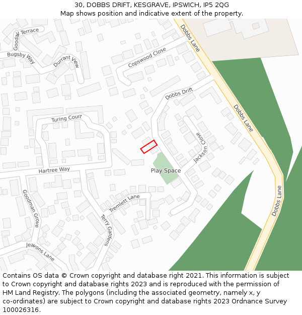 30, DOBBS DRIFT, KESGRAVE, IPSWICH, IP5 2QG: Location map and indicative extent of plot