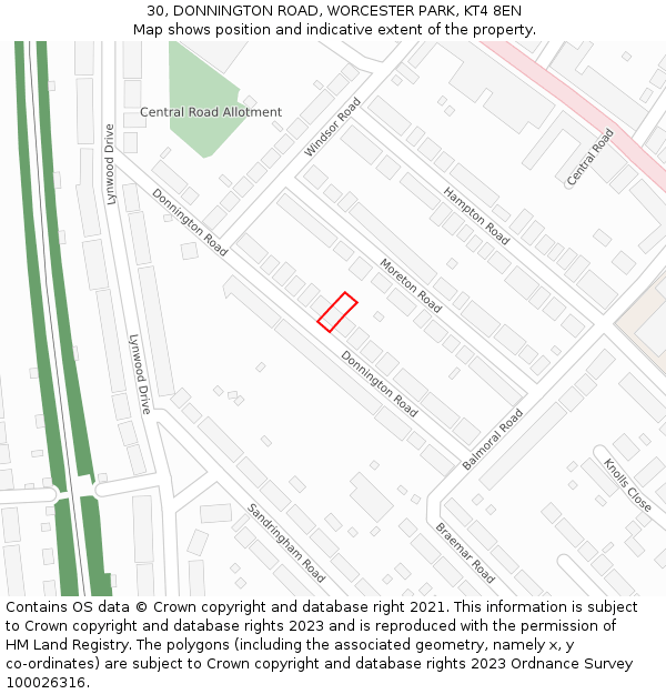 30, DONNINGTON ROAD, WORCESTER PARK, KT4 8EN: Location map and indicative extent of plot