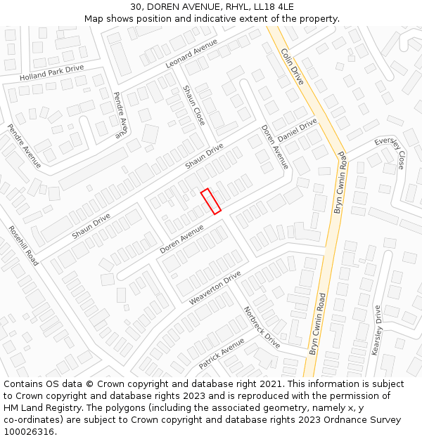 30, DOREN AVENUE, RHYL, LL18 4LE: Location map and indicative extent of plot