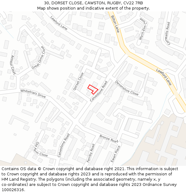 30, DORSET CLOSE, CAWSTON, RUGBY, CV22 7RB: Location map and indicative extent of plot
