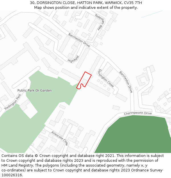 30, DORSINGTON CLOSE, HATTON PARK, WARWICK, CV35 7TH: Location map and indicative extent of plot