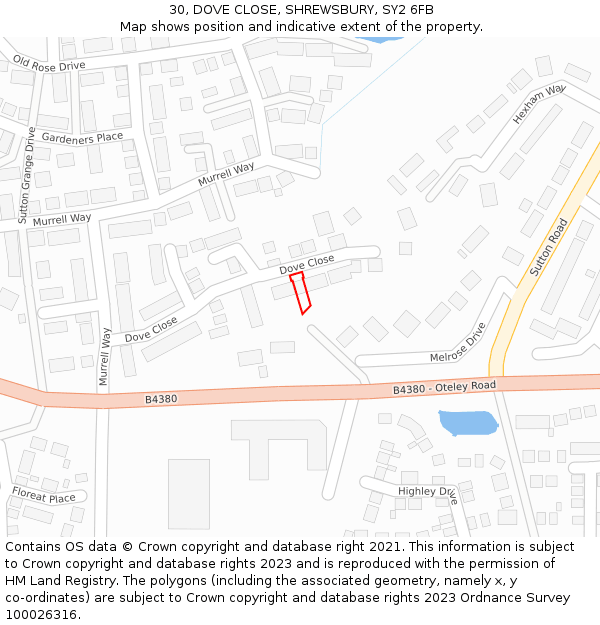 30, DOVE CLOSE, SHREWSBURY, SY2 6FB: Location map and indicative extent of plot