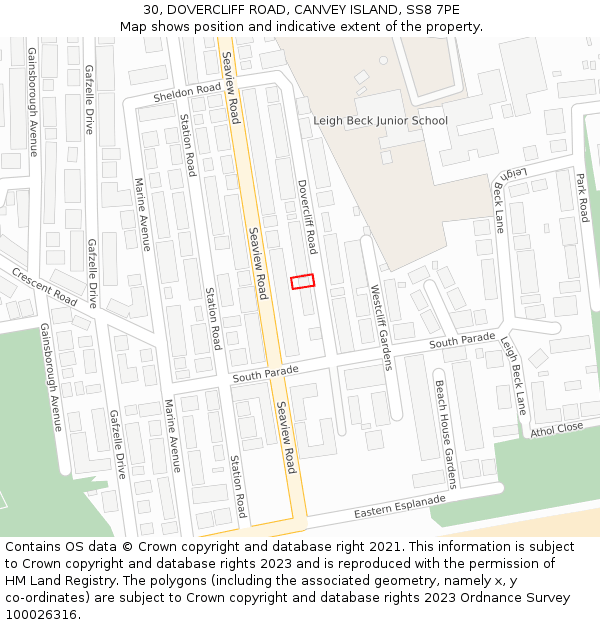 30, DOVERCLIFF ROAD, CANVEY ISLAND, SS8 7PE: Location map and indicative extent of plot