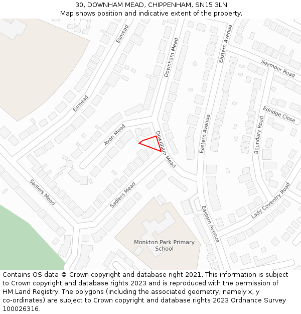 30, DOWNHAM MEAD, CHIPPENHAM, SN15 3LN: Location map and indicative extent of plot