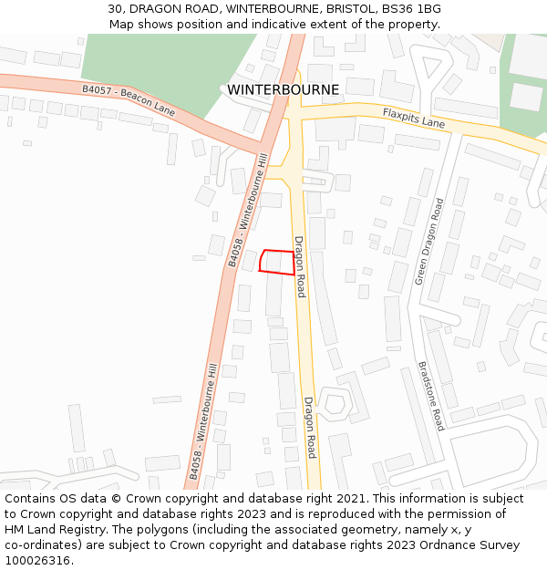 30, DRAGON ROAD, WINTERBOURNE, BRISTOL, BS36 1BG: Location map and indicative extent of plot