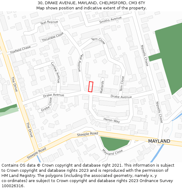 30, DRAKE AVENUE, MAYLAND, CHELMSFORD, CM3 6TY: Location map and indicative extent of plot