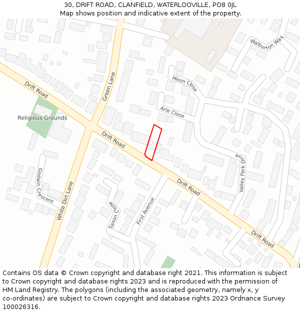 30, DRIFT ROAD, CLANFIELD, WATERLOOVILLE, PO8 0JL: Location map and indicative extent of plot