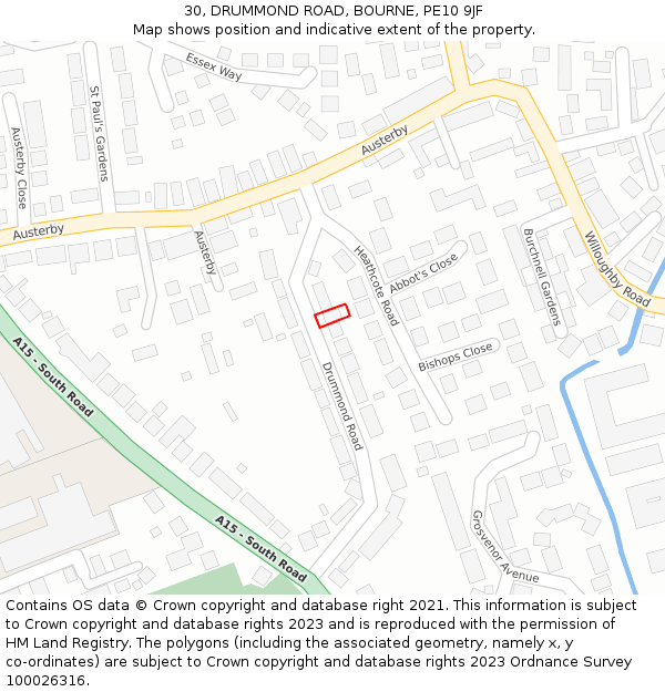 30, DRUMMOND ROAD, BOURNE, PE10 9JF: Location map and indicative extent of plot