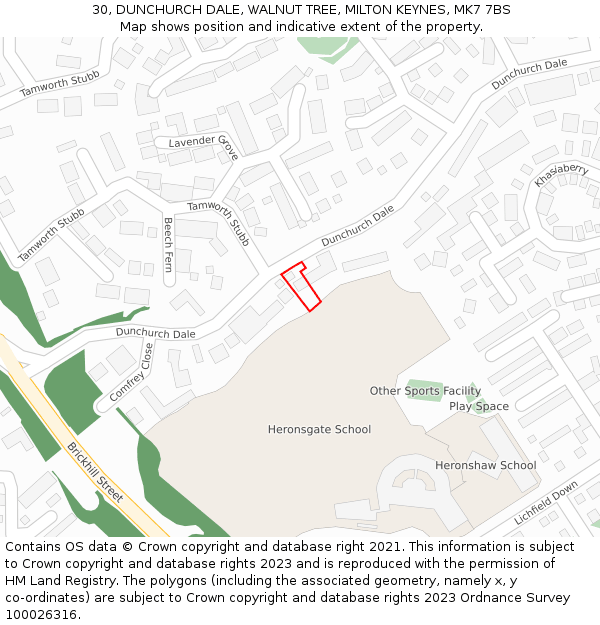 30, DUNCHURCH DALE, WALNUT TREE, MILTON KEYNES, MK7 7BS: Location map and indicative extent of plot